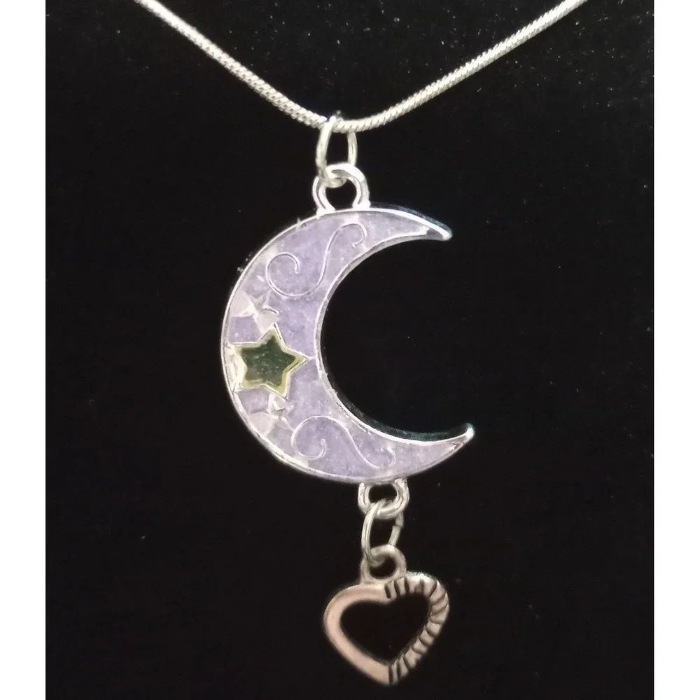 Pearlescent Purple Crescent Moon Pendant With Open Heart Charm On 18